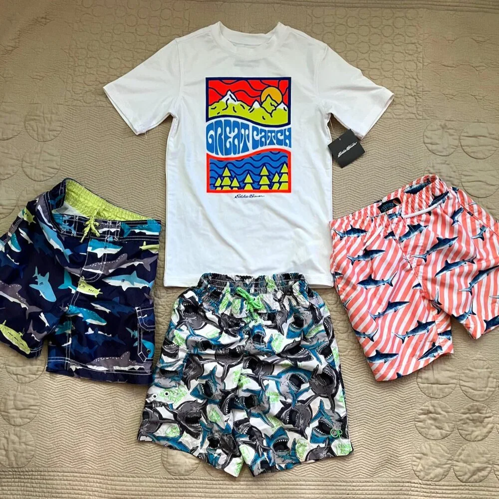 Boys Sz. 6/7 Shark Swim Trunks (Trunks, Carter's, Op) & New Eddie Bauer Swim Top - Picture 1 of 16